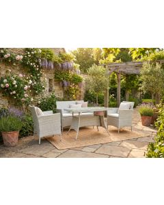 Set bistrot melody, in acciaio e rattan, composto da: 2 poltrone Ø60x57,5xh.76,5 cm + 1 tavolino 42x40xh39,5 cm in vetro serigrafato 5 mm, color antracite