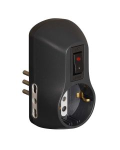 Adattatore safe 1 presa standard tedesca e 2 prese 10a con interruttore di sicurezza - nero