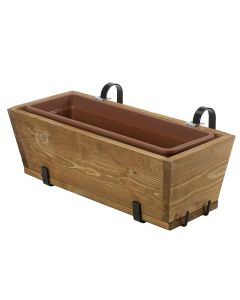 Fioriera in legno, composta da: 1 supporto verniciato, 2 ganci di sicurezza, 1 cassetta in legno d'abete trattata con impregnante, 1 vaschetta interna in polietilene, 55x22xh.18 cm