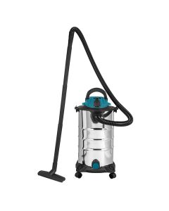 Bidone aspirasolidi e liquidi 30 lt, potenza 1200w, con fusto in acciaio inox e presa per elettroutensili, incluso tubo flessibile, spazzola per aspiratore, filtro, foro uscita liquidi