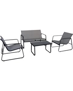 Set sofa', in acciaio e textilene, divano, 2 poltrone, tavolino, grigio chiaro