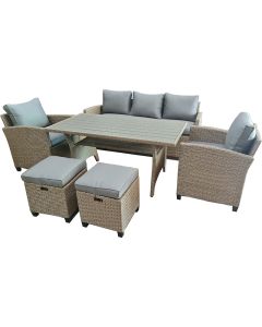 Set pranzo brandy, in acciaio e polyrattan, divano, 2 poltrone, 2 pouf , tavolo con top in polywood