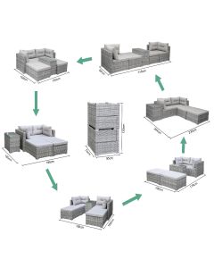 Salotto bombay, in acciaio e rattan, 2 divani + 2 pouf + tavolino