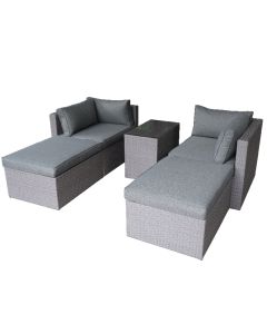 Salotto bombay, in acciaio e rattan, composto da 2 divani, 2 pouf, 1 tavolino