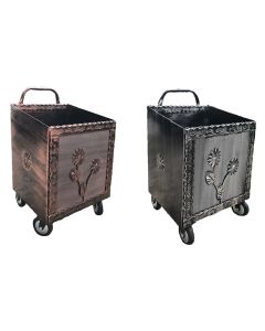 Carrello portalegna o pellet, in ferro battuto con decoro margherita, cm 42x37xh.72