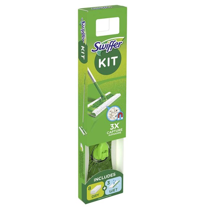 Swiffer lava pavimenti cattura polvere dry in kit 1 scopa + 8 panni asciutti