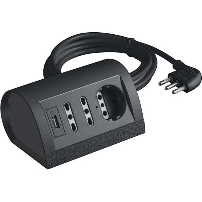 Multipresa da tavolo, 1 presa schuko + 2 bpasso 10/16 a, cavo da 2 mt, 2  prese usb, colore grigio