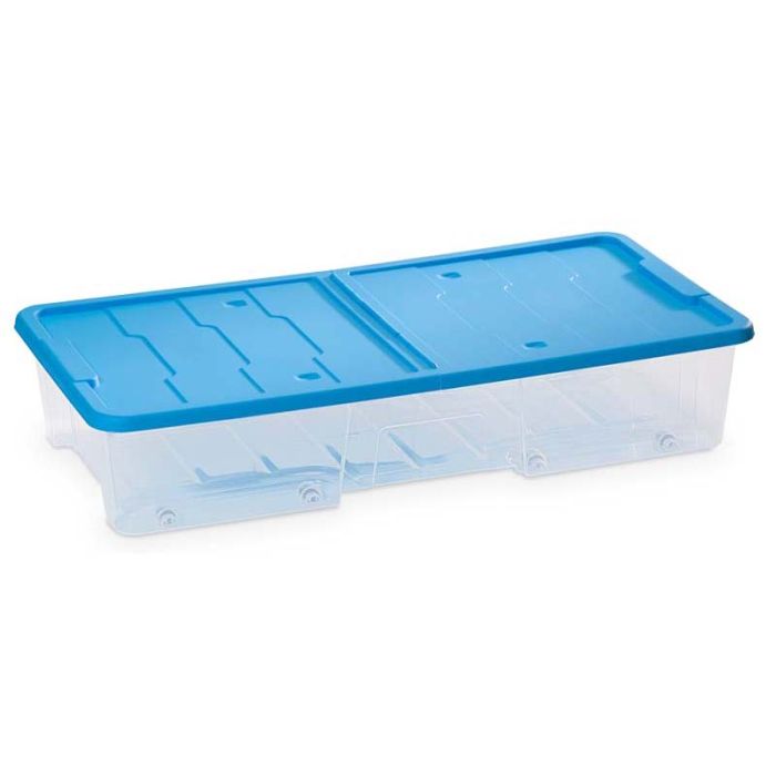 Contenitore master box in plastica da 35 lt, coperchio con apertura ali di  gabbiano, ruote, cm 77x39xh.15,15, coperchio colore blu