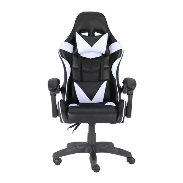 Sedia gaming girevole, ergonomica, altezza regolabile, con poggiatesta e  supporto lombare, colore nera e bianca